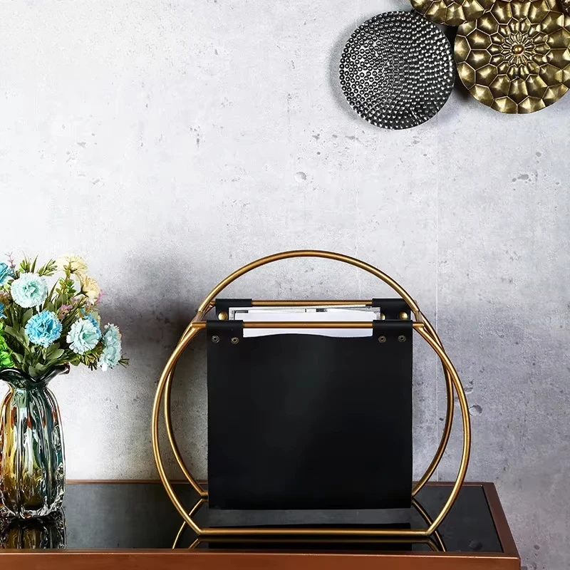 Nordic Magazine Organizer, Lightweight Iron and Leather Storage Bag for Living Rooms, Minimalist Rack for Home or Office Use