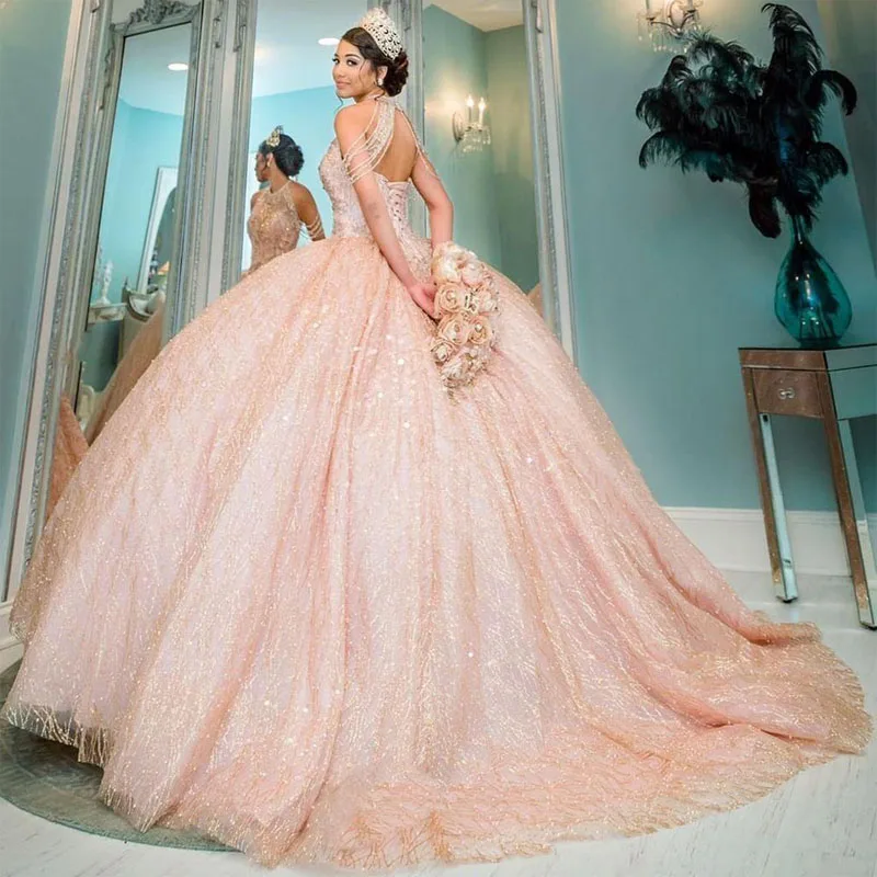 

ANGELSBRIDEP Luxury Rose Gold Pink Sequined Lace Quinceanera Dresses High Neck Crystal Beading Off Shoulder Ball Gown