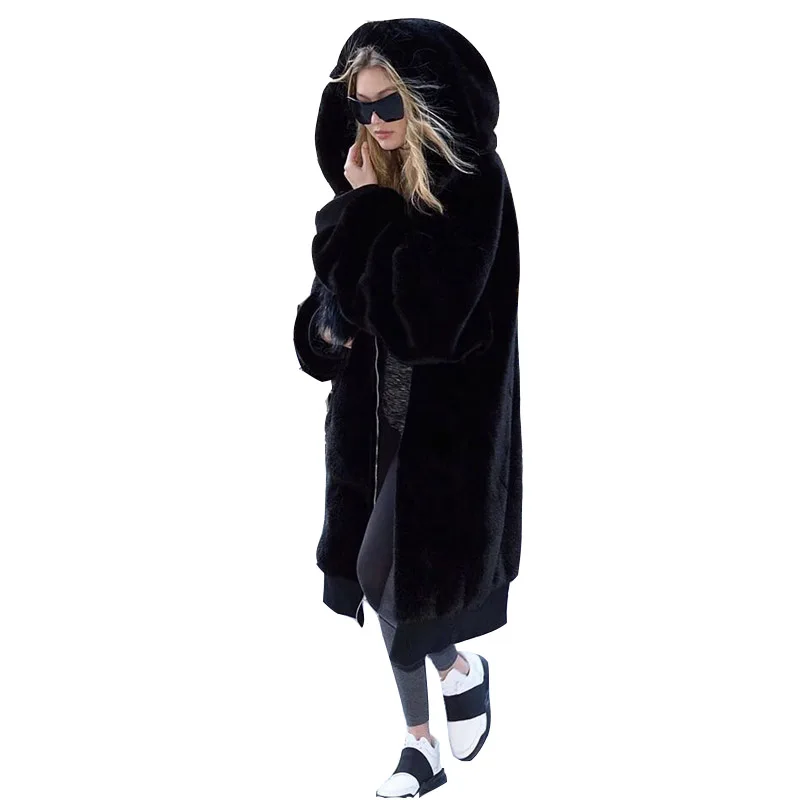 

Winter Fur Warm Hooded Large Size Medium Length Solid Color Fur & Faux Fur Women New Casual Long Sleeve Women Fur Coat