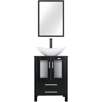 24" Modern Bathroom Vanity Sink Combo Black Stand Cabinet with White Boat Ceramic Vessel Sink & Water Save Faucet & Pop Up Drain 1