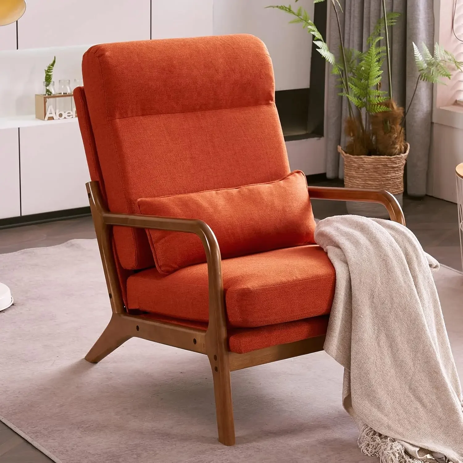 HIGH BACK BURNT ORANGE LINEN ACCENT CHAIR WITH SOLID WOOD DETAILS 1