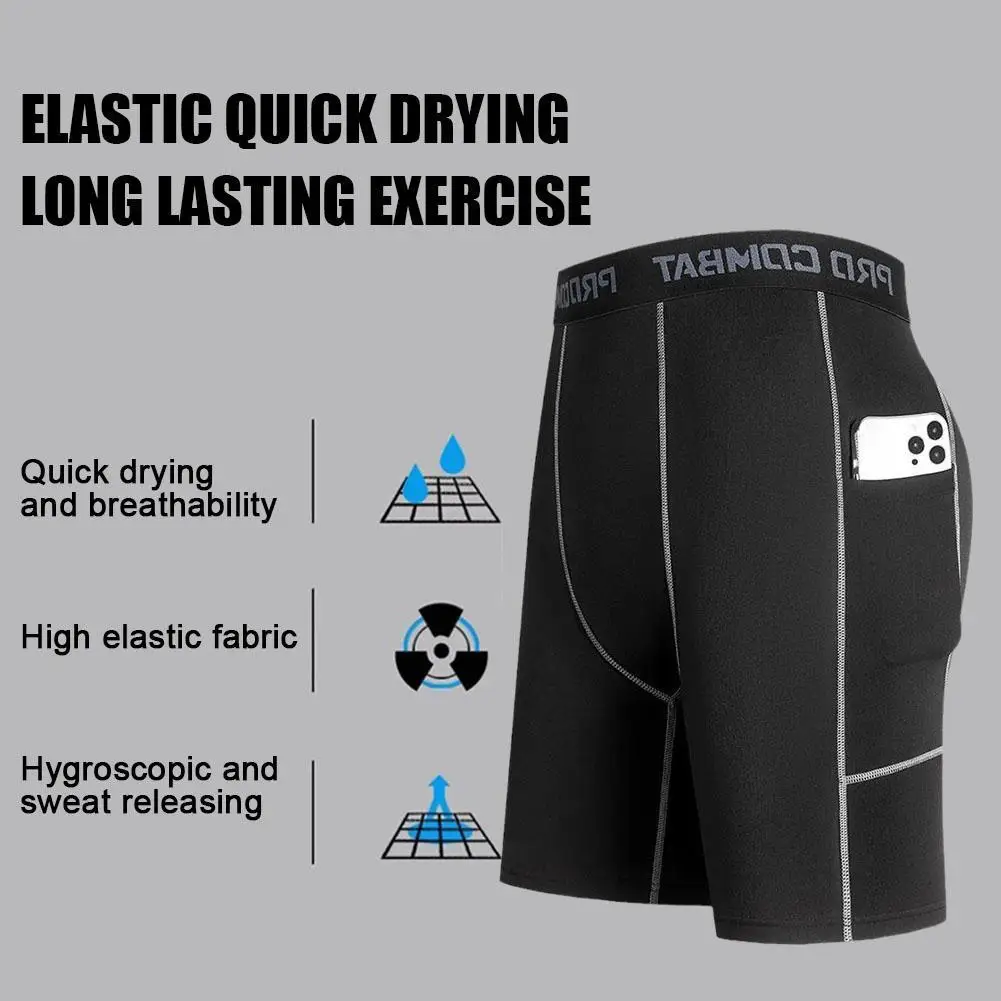 Men&lsquo;s Compression Short Pants Elastic Quick Dry Running Fitness Shorts With Pocket Big Size Tight Gym Training Pants compression pants,sports shorts