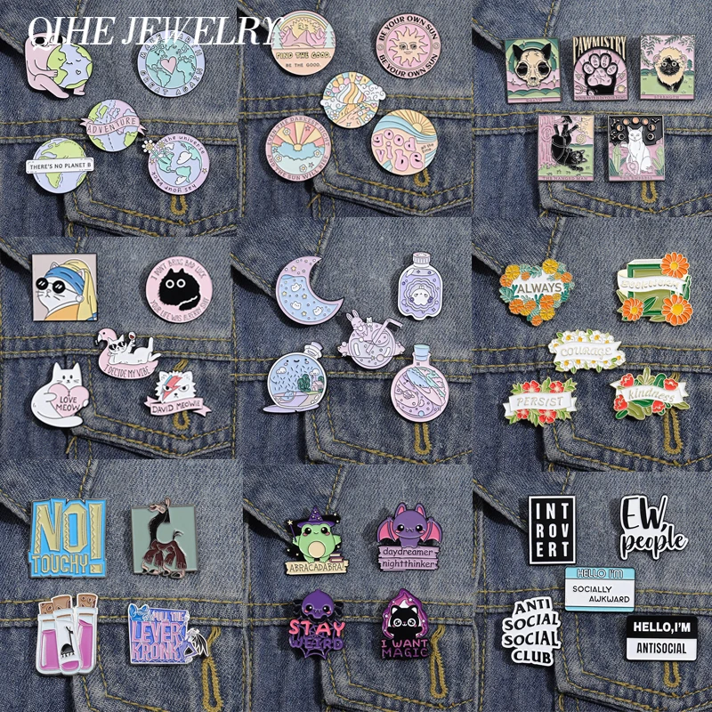 4-5Pcs/Set Colorful Funny Enamel Pin Cute Cool Cat Bat Sun Flower Badge Decorative Backpack Clothes Lapel Brooch Jewelry Gifts