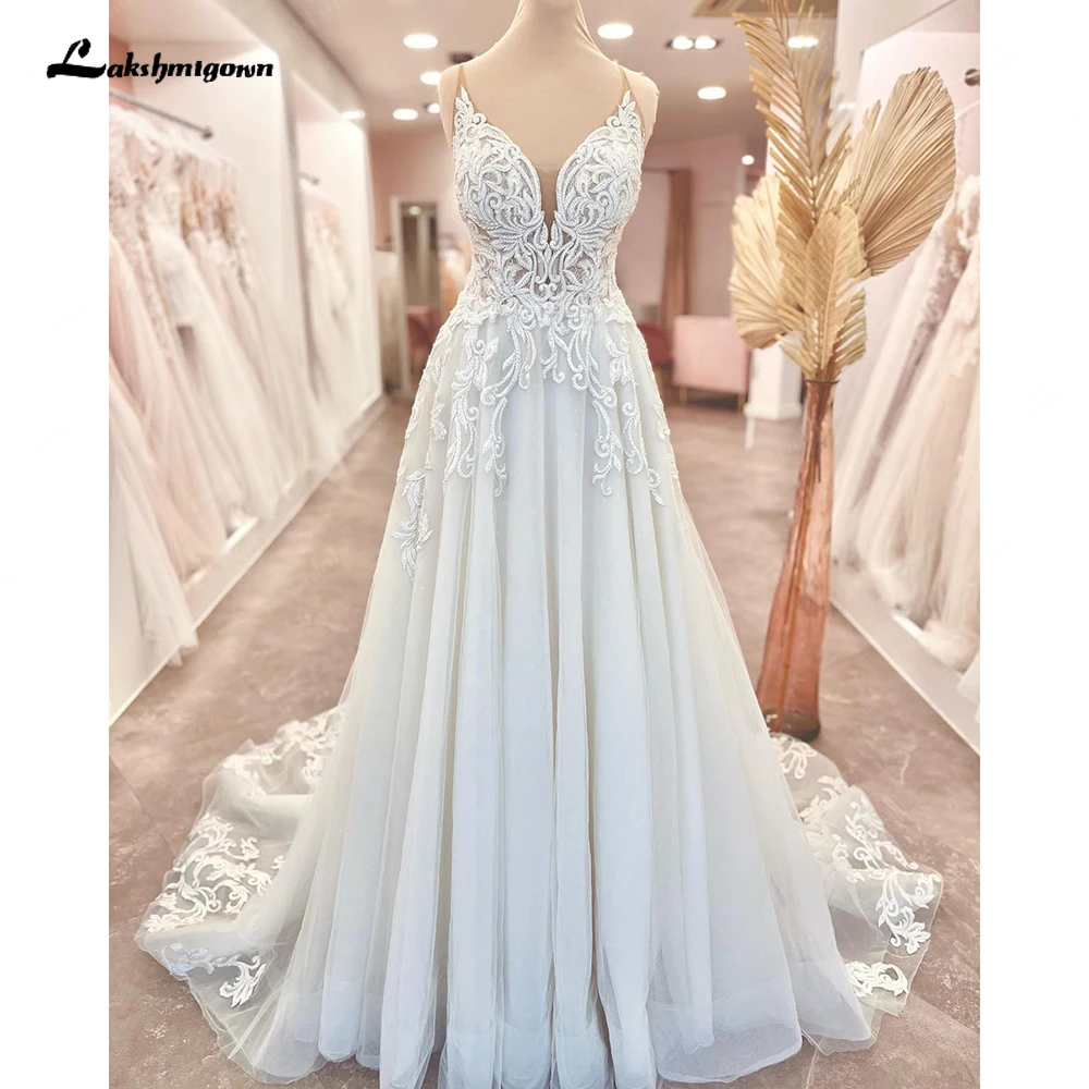 

Lakshmigown кружевное Тюлевое свадебное платье без рукавов с V-образным вырезом, кружевное свадебное платье в стиле бохо, свадебное пляжное платье принцессы