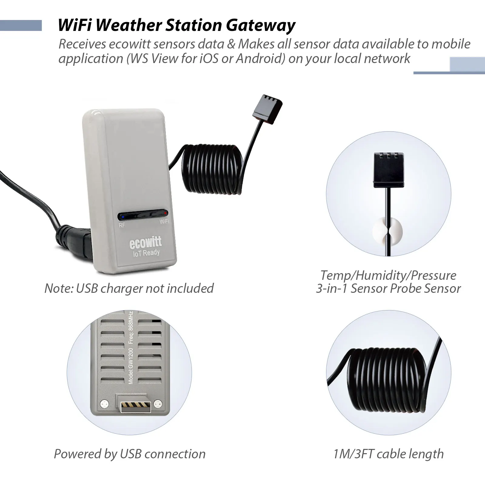 ECOWITT Wi Fi Wetterstation Sensor Gateway mit 3 in 1 Sondensensor für Temperatur, Luftfeuchtigkeit und atmosphärischen Druck 868Mhz GW1104 WH31(WN31 ECOWITT Wi Fi Wetterstation Sensor Gateway mit 3 in 1 Sondensensor für Temperatur, Luftfeuchtigkeit und atmosphärischen Druck 868Mhz GW1104 WH31(WN31