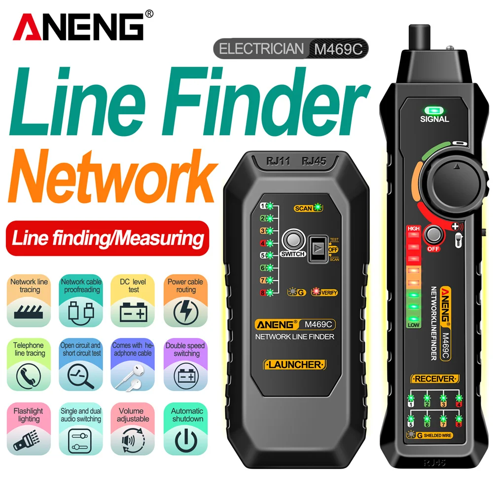 ANENG M469C Network Cable Tester RJ45 RJ11 LAN Cable Network Line Finder Test Proofreading Measure DC Repair Tool