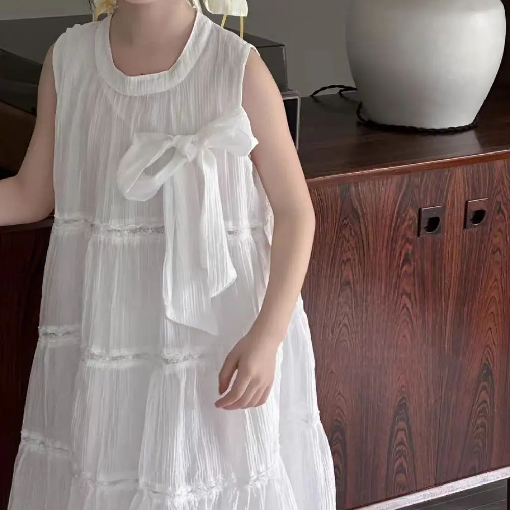 Elegant Ruffle Girls Princess Dress Loose Large Bow Summer Cake Dress Children Party Teens Long Dress Students