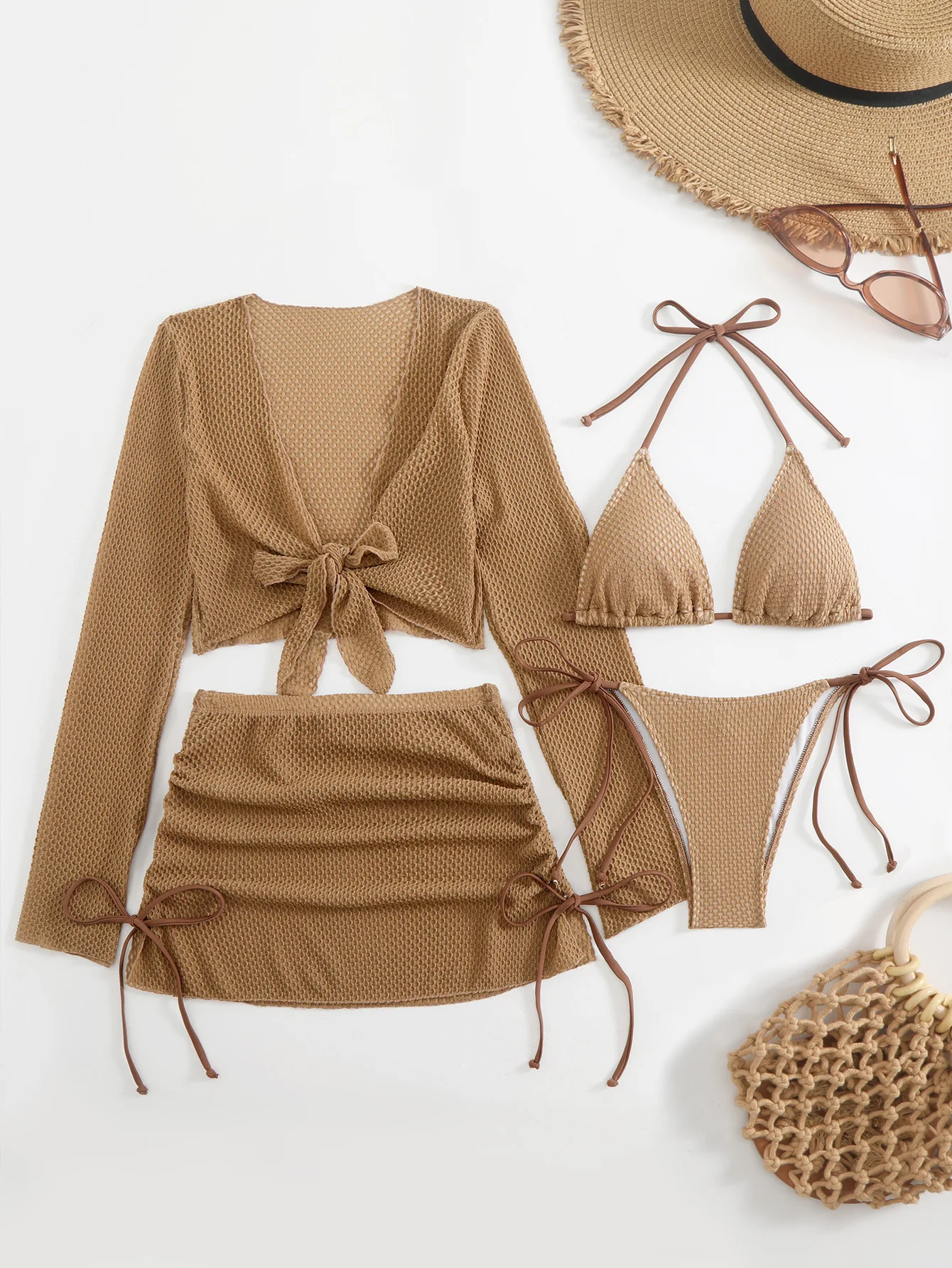 Sexy Solid Color Bikini Set Strap Crossbody Swimwear Polyester Fabric Backless Design for Swimming And Water Sports