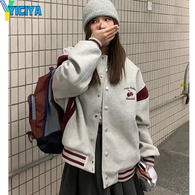 

YICIYA Jacket Bombers Cherry embroidery Woman Varsity baseball jackets new outerwear Coats Korean fashion clothing outfits 2024