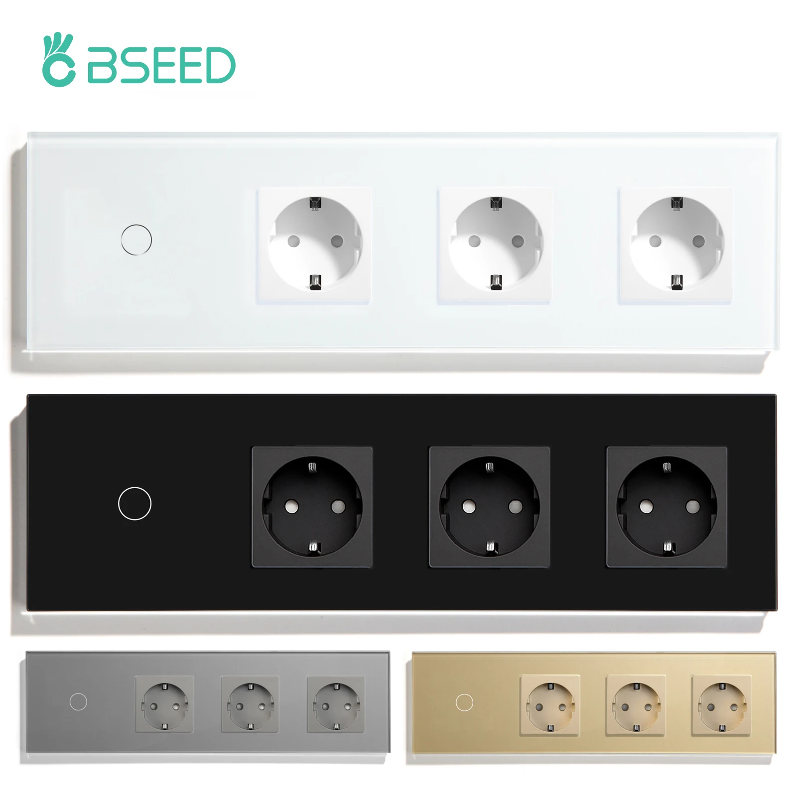 Bseed-touch Switches com Parede Triple Sockets Vidro Padrão da ue Luz Led Interruptores de Alimentação Luz Azul Gang Gang 3gang 1way