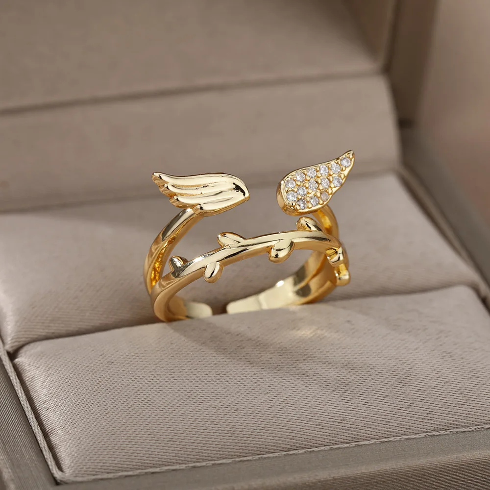 Zircon Angel Wings Open Rings For Women Gold Color Stainless Steel