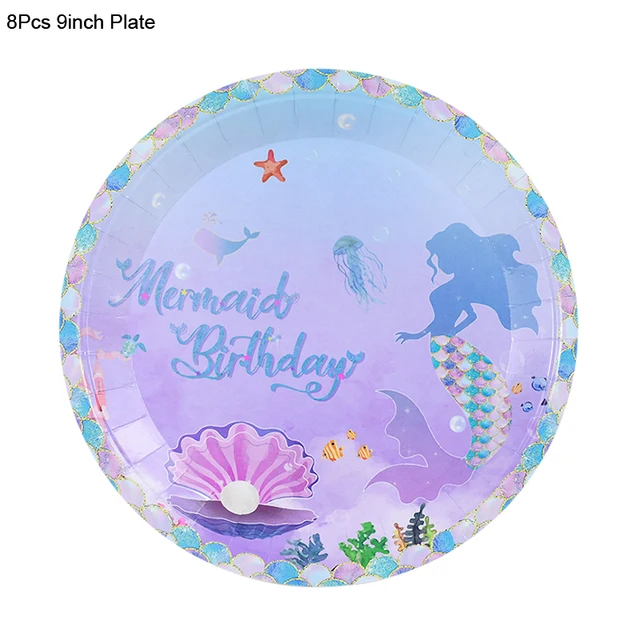 Mermaid Birthday Party Disposable Tableware Set Under The Sea Party Little Mermaid Girls 1st Birthday Decoration Shell Balloons 8pcs 9inch plate