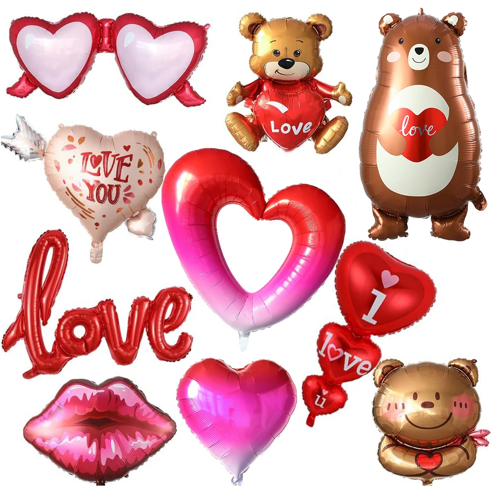 

Valentine's Day Balloon Large Red Heart Shaped Love Bear Lip Glasses Foil Balloons for Proposal Wedding Party Air Helium Globos