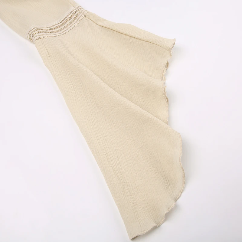 Elegant Beige Women Top Cotton V Neck Flare Sleeve Loose Fit Aesthetic Tee Shirt Vintage Chic Back Lace Up Pullovers