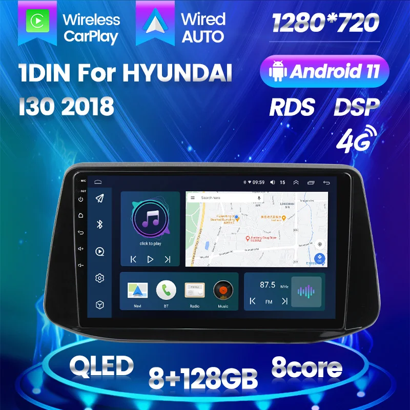 

QLED IPS Android 11 All In One Car Video Player For 1DIN HYUNDAI I30 2018 Auto Radio GPS Navigation Carplay 8G 128G DSP No DVD