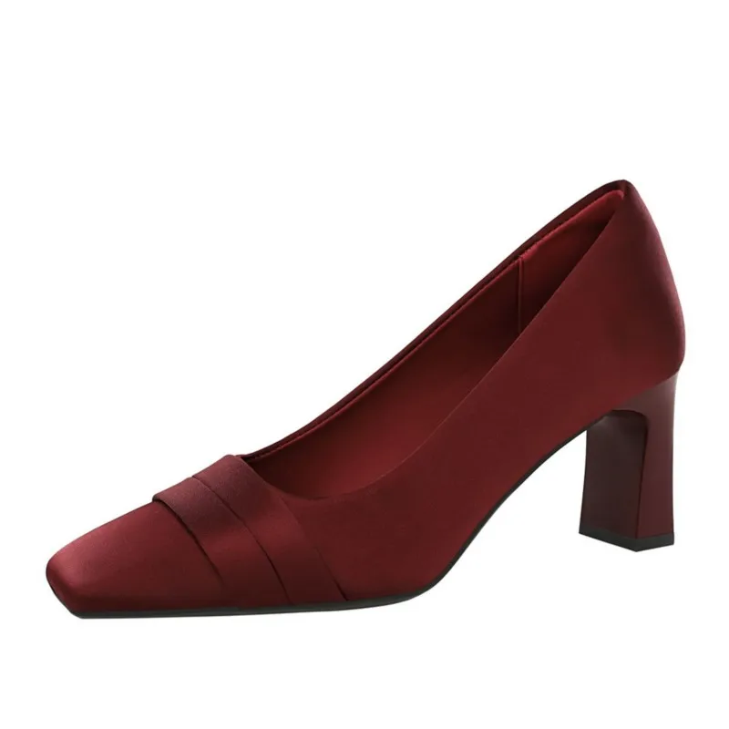 Womens French Style High Heel Sandals Evening Dress Bridesmaid Shoes Satin Versatile Elegant Square Toe Chunky Heel Pumps
