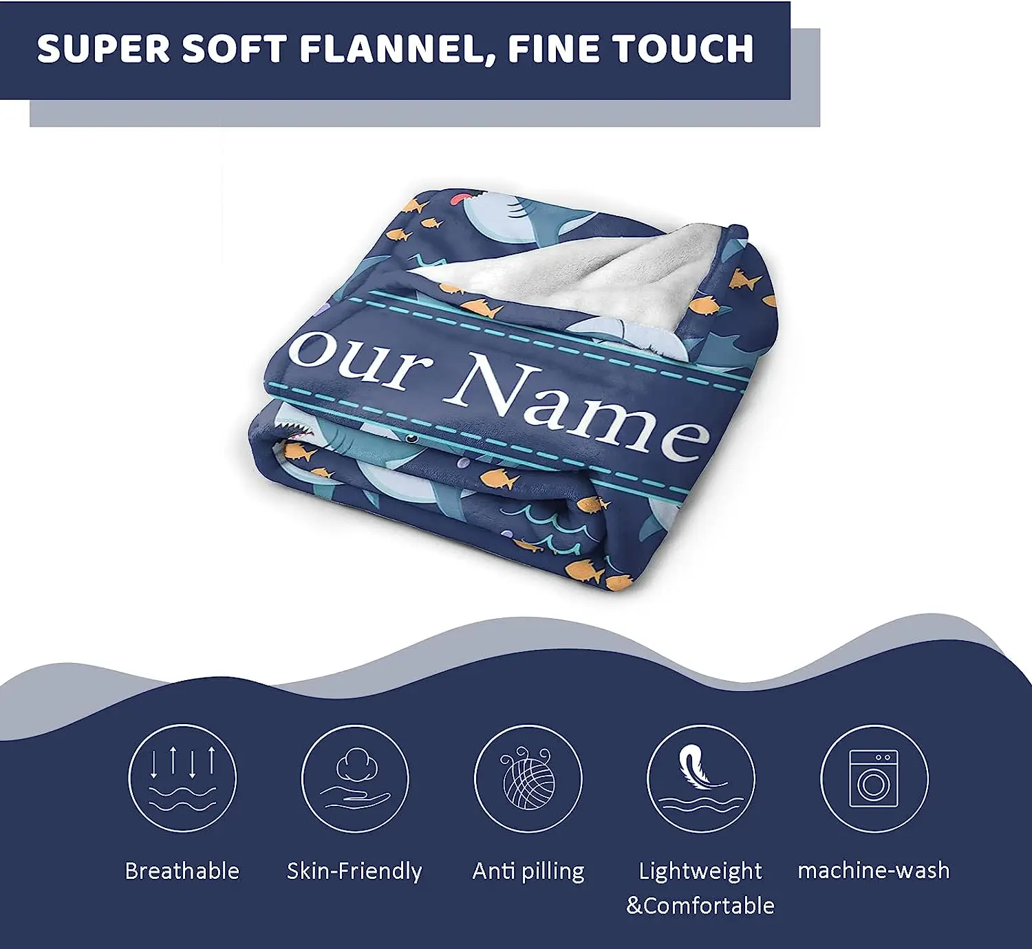 Blue Sharks Blanket, Customized Name Shark Blanket Gifts for Kids Adults, Soft Cozy Flannel Fleece Throw Blanket for 2