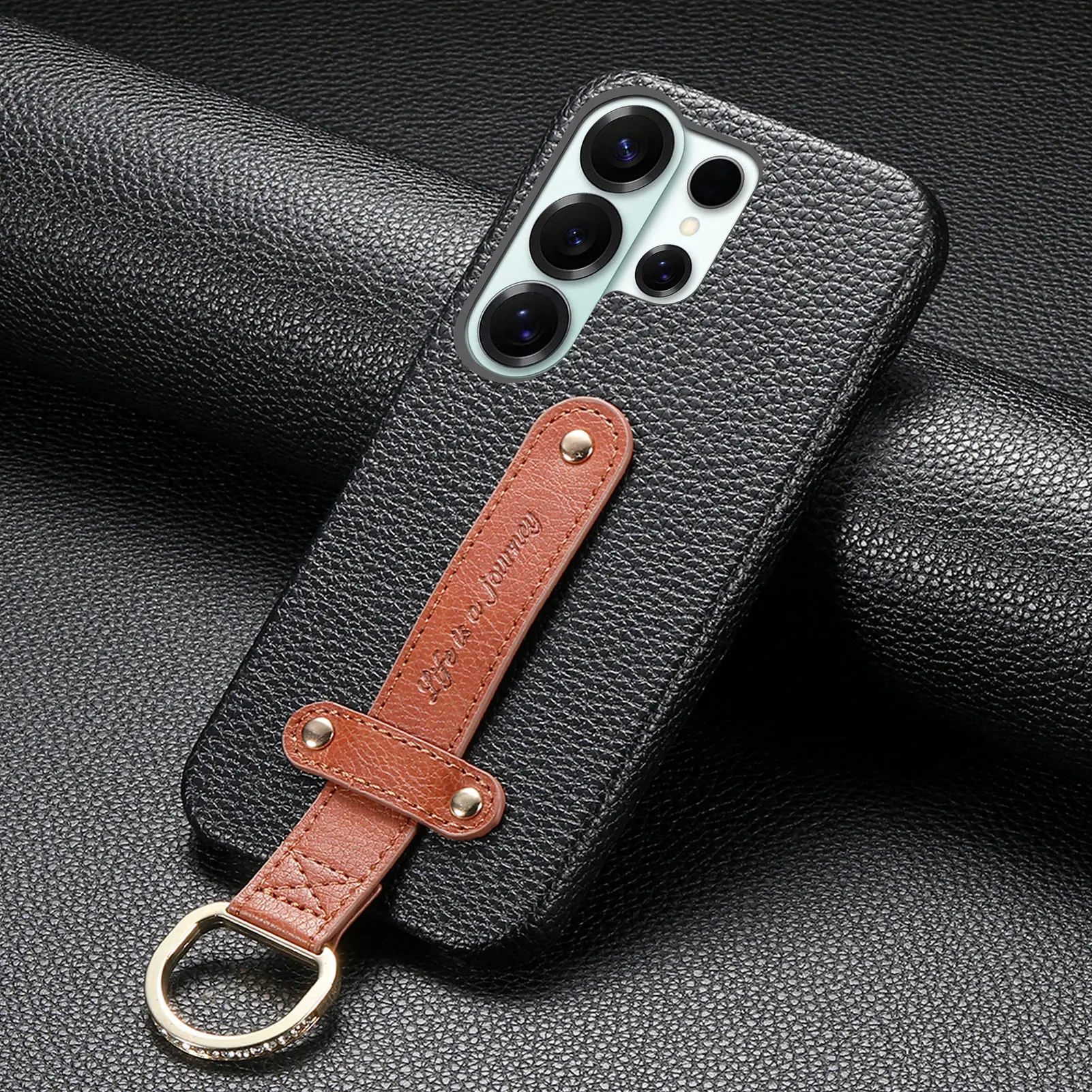 Lychee Textured Leather Wrist Strap Ring Holder Phone Case Cover