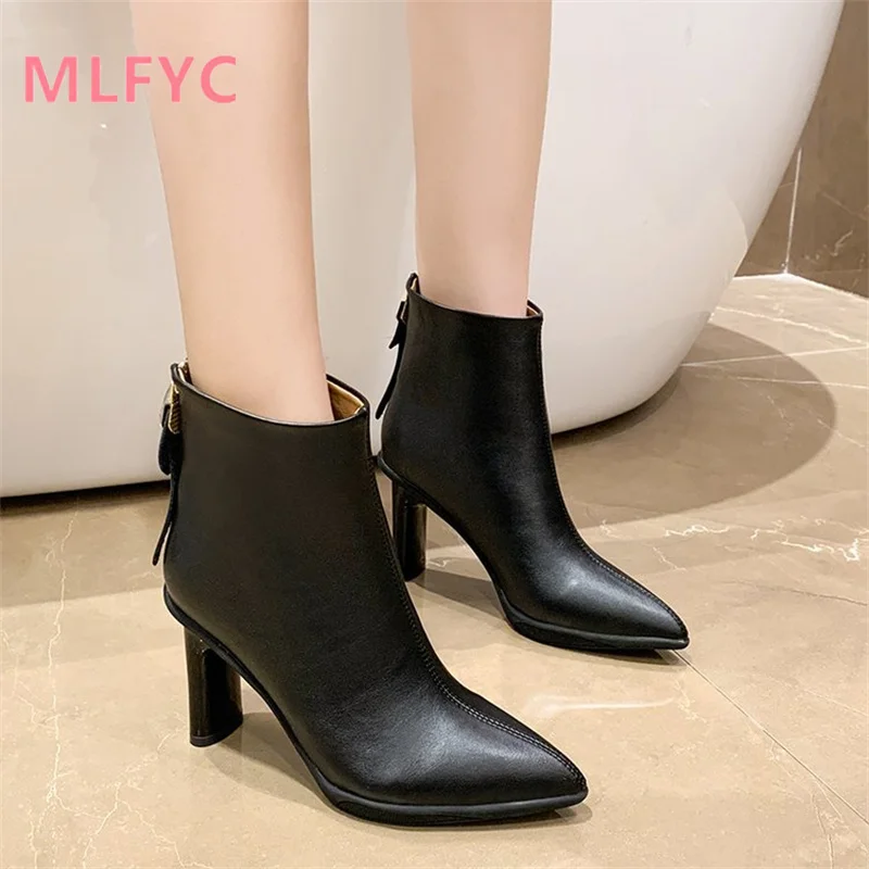 

Women's Autumn and Winter New European and American Leather Boots Pointed High Heel Naked Boots Fashion Thick Heel Short Boots