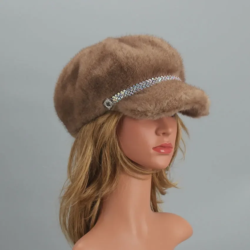 Women Beret Autumn Winter Faux Fur Hat Solid Plain Octagonal Newsboy Cap