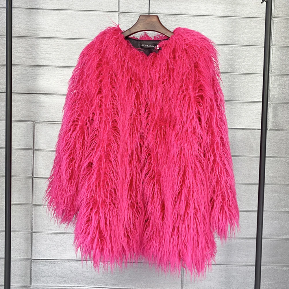 Fluffy Faux Fur Coat for Women Winter Jackets Female Long Sleeve Green Orange Sheep Fur Jacket Candy Color Festival Party Coats