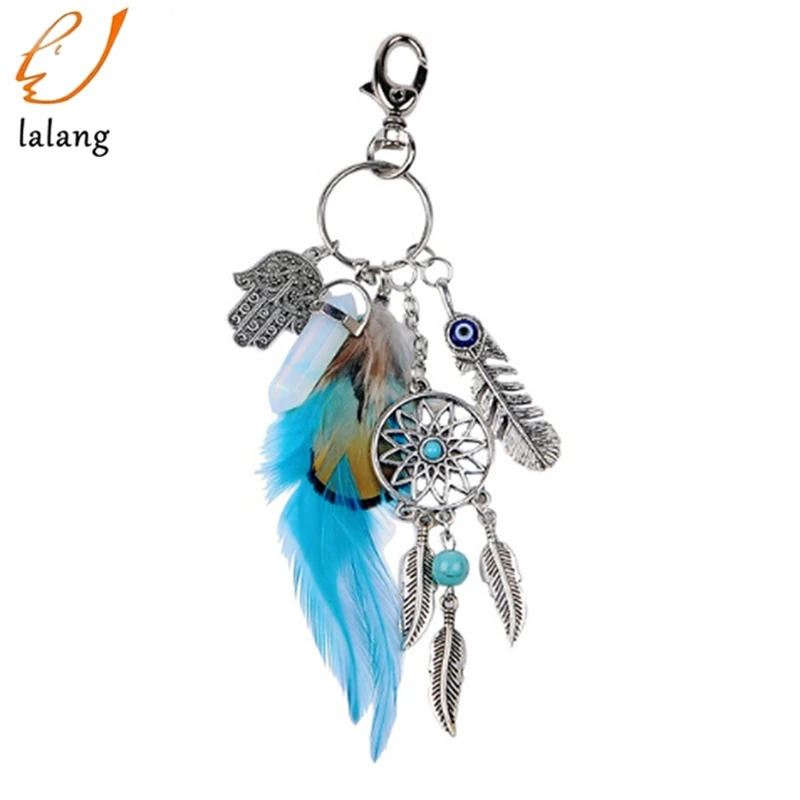 Dreamcatcher Keyring Bag Charm Fashion Boho Jewelry Feather Keychain Opal Stone Artilady Natural for Women 2024 Metal