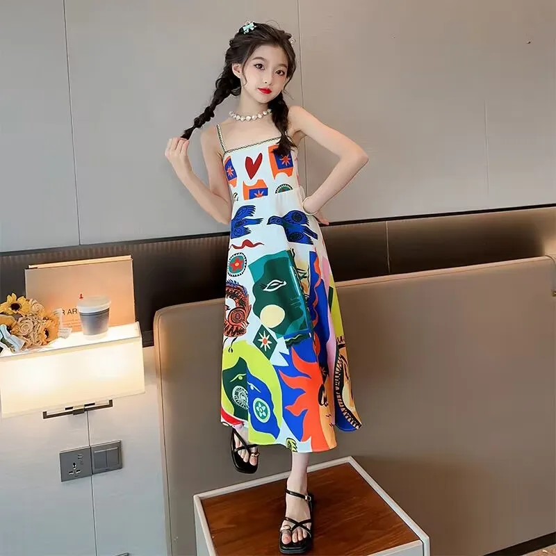 2024 Kids Fashion Dress Girl Casual Oil Paint Beach Vacation Frock Summer New Children Princess Sling Clothes 5-14 Anni