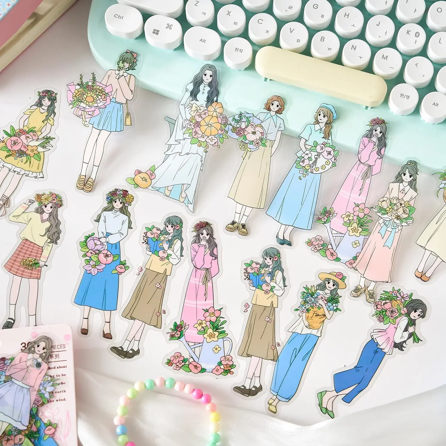 30개/팩 PET 스티커 꽃 소재 DIY 스크랩북 장식 정크 저널 콜라주 문구 예술 스티커