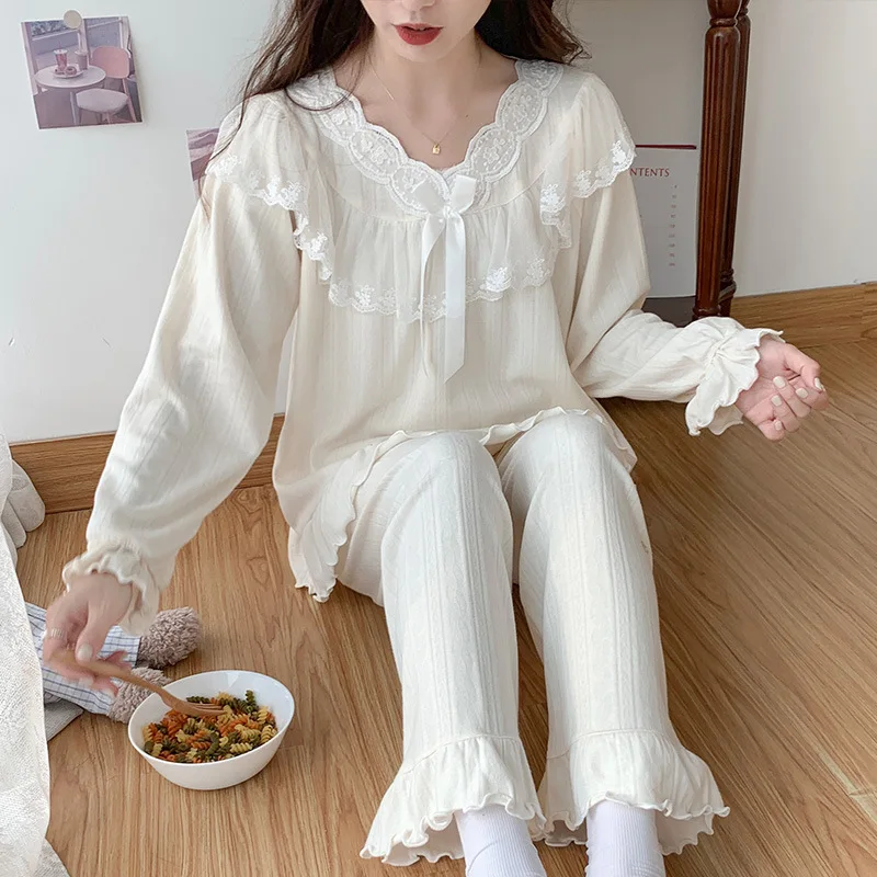 Cotton Sleepwear Lace Court Style Pajamas Women Spring Cute Pyjamas Long Sleeve Pijama Female Set Negligee Pullover Pajamas