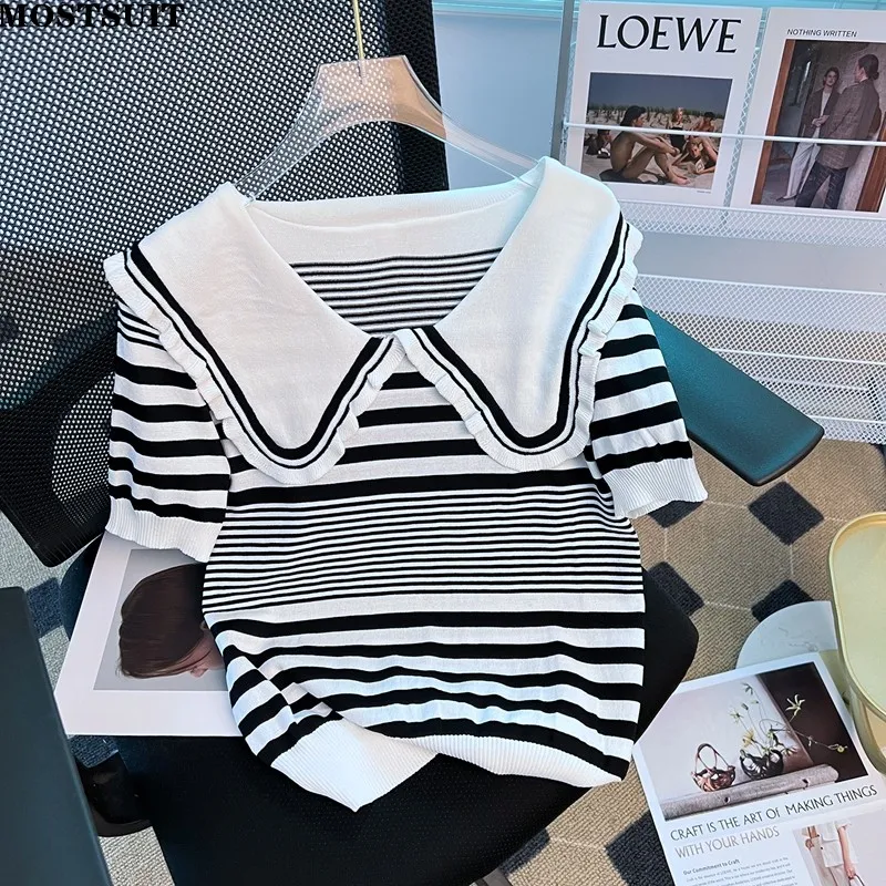 Summer Sailor Collar Knit Pullover Tops Women Short Sleeve Striped Slim