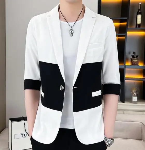 

New Men's Short Sleeve Splicing colors Groom Suits Blazer One Button Male Casual Loose Cotton Blend Blazers Coat ABB248