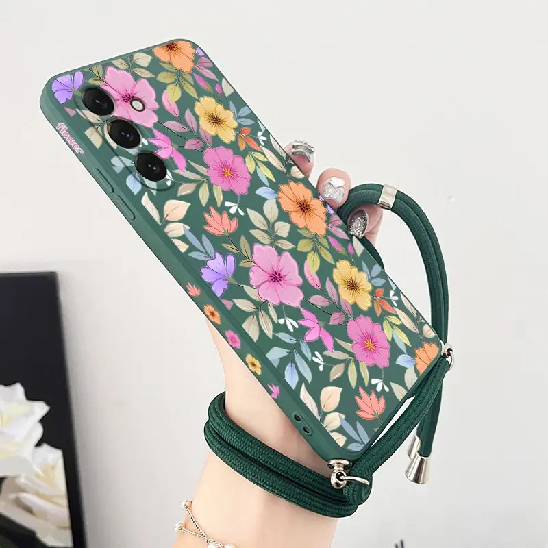 Purple Floral Lanyard Silicone Phone Case Cover