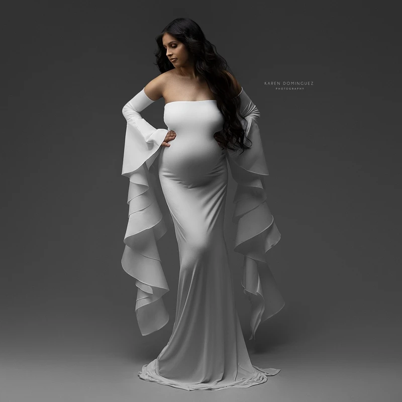 Elegant White Mermaid Maternity Dress Fashion Ruffles Flare Sleeves