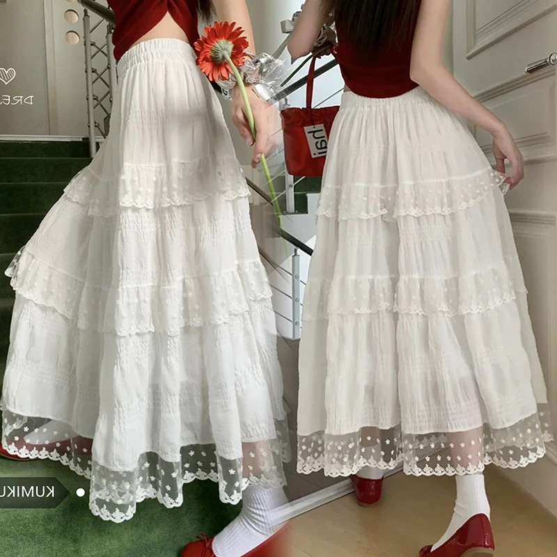 French Style Pregnant Woman Lace Skirts for Summer Sweet Mesh Hem Patchwork Drawstring Waist Elegant Maternity Long Cake Skirt