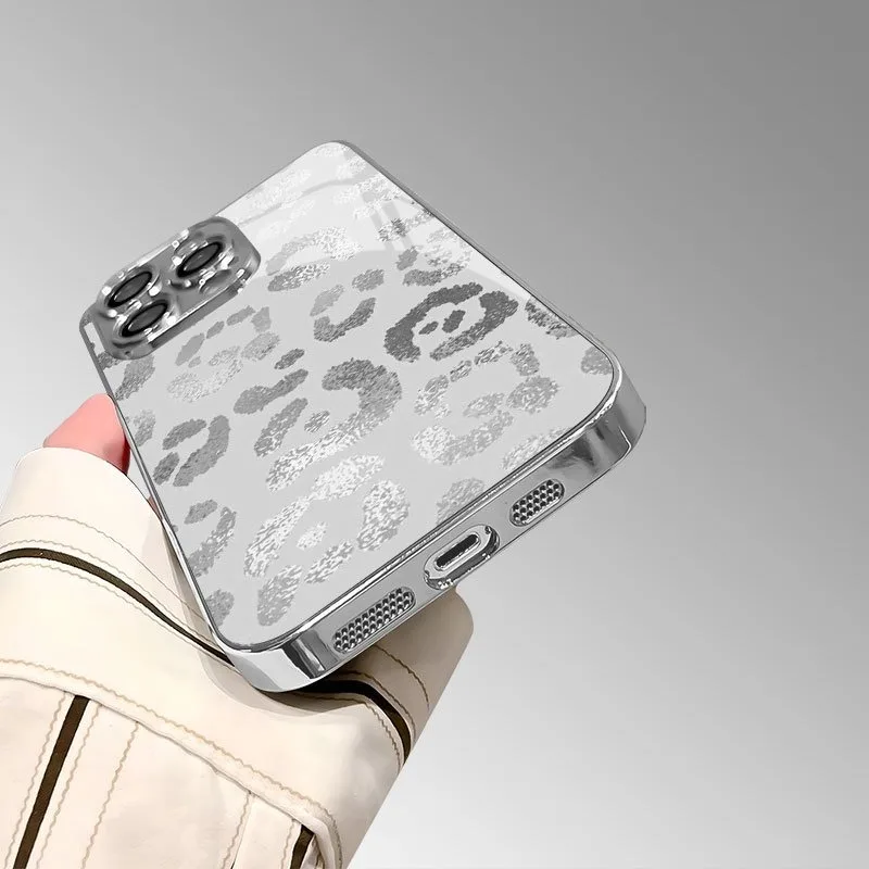 Electroplated Silver Grey Leopard Print Glass Phone Case