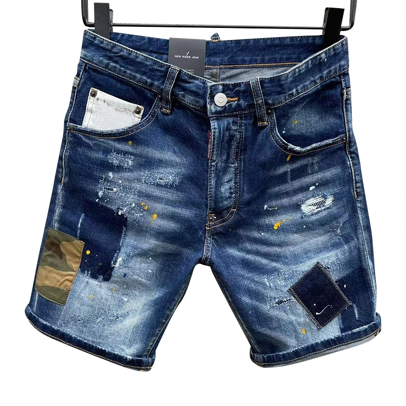 Starbags dsq d100 찢어진 데님 반바지, 패션 워시 마이크로 스플래시 타이드 브랜드, 튀는 잉크, 5 분 바지, 남성 슬림