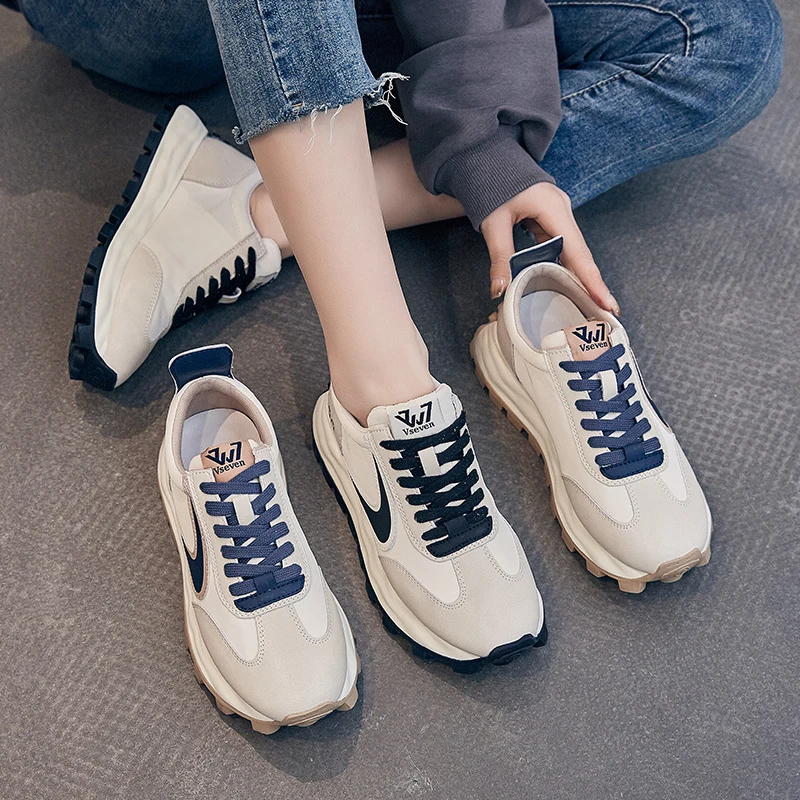 Genuine Leather Spring 2023 New Explosive Color-block Breathable Women's Shoes Platform Soft Sol Athleisure Dad Shoes