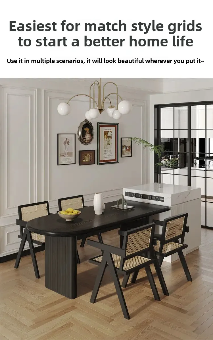 Strictly Selected Wabi Style Black Dining Table Nordic Solid Wood Semi-oval Island Integrated Against The Wall 140cm 4 Chairs