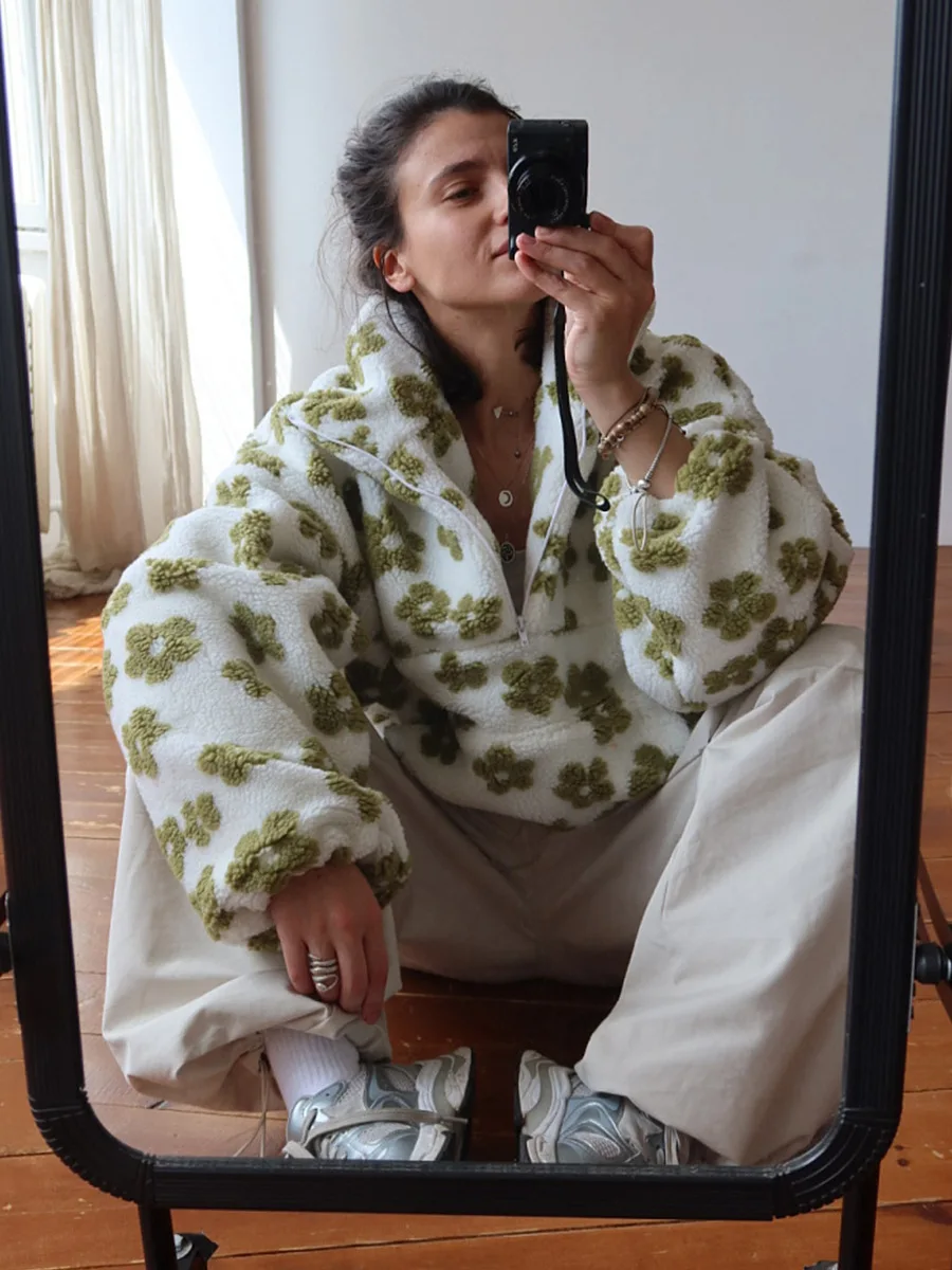 Pull sherpa femme orange rouille fleurs relief texture douce chaud hiver élégant