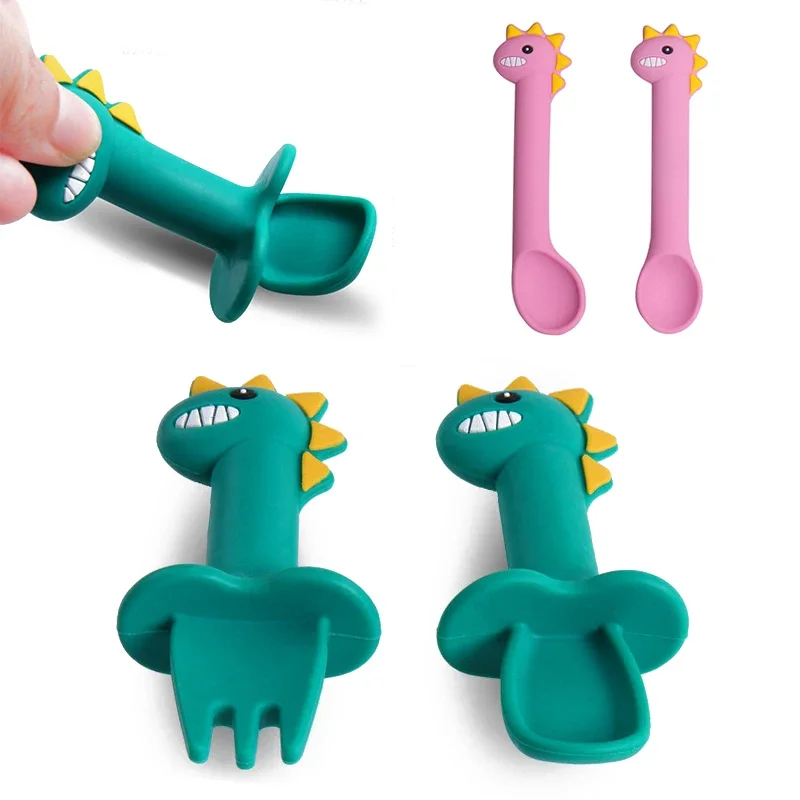 Spoon For Baby Utensils Set Auxiliary Food Silicone Gel Spoon Baby Learn To Eat Training Bendable Soft Children Tableware