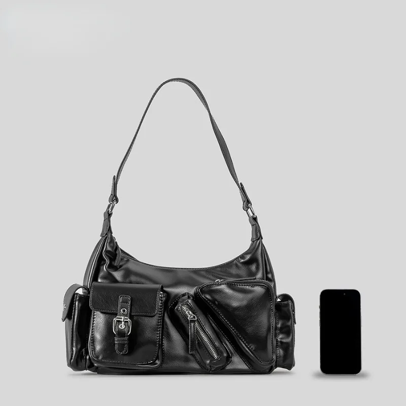 Retro motorcycle niche design handbag with large capacity multiple pockets concave design single shoulder diagonal cross bag