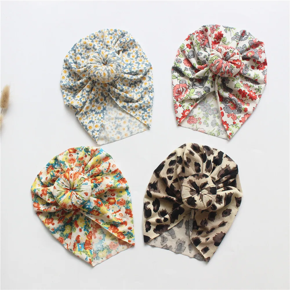 

20 Pcs/Lot Floral Fabric Baby Hat Round Knot Turban Beanie Cap Spring Head Wraps Newborn Bonnet Hospital Caps Baby Shower Gift