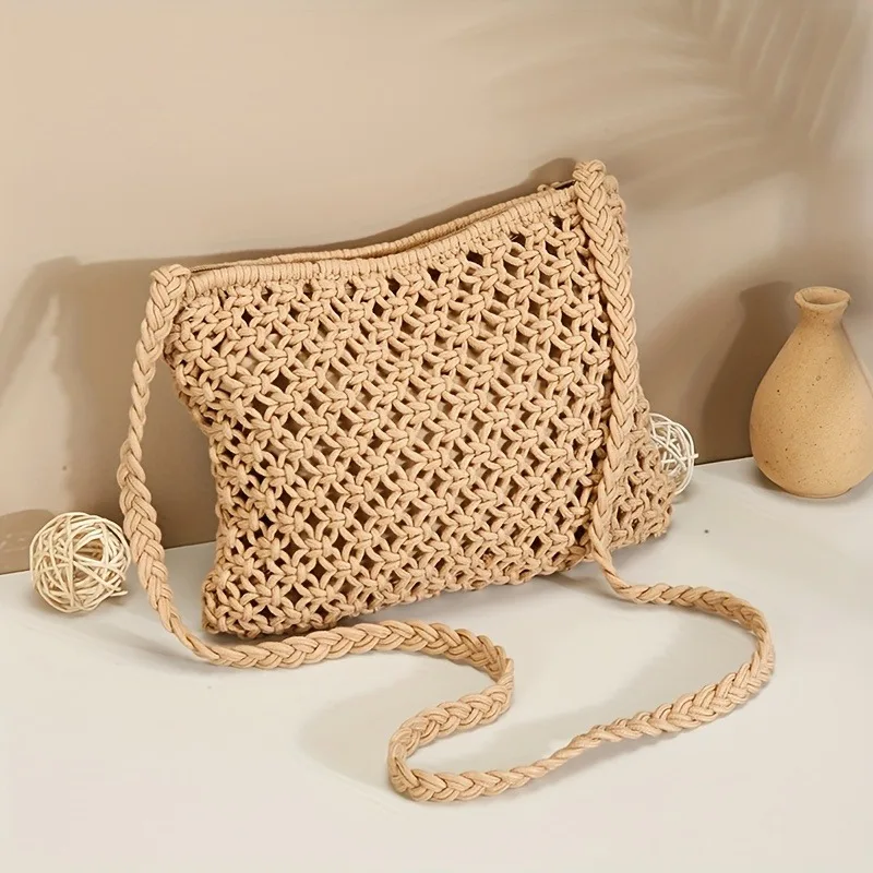 Handmade Bohemian Woven Rope Crossbody Bag with Tassel Detail, Summer Beach Clutch Shoulder Bags for Women, Geometric Design