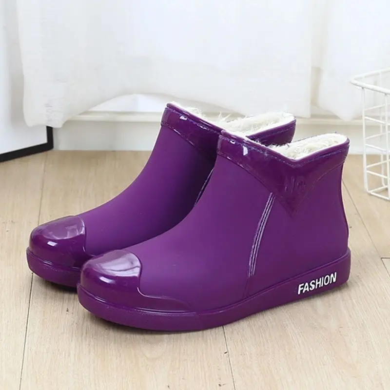 Feerldi brand ankle fur rubber boots women's purple short rainshoes non-slip wateproof winter rain boots
