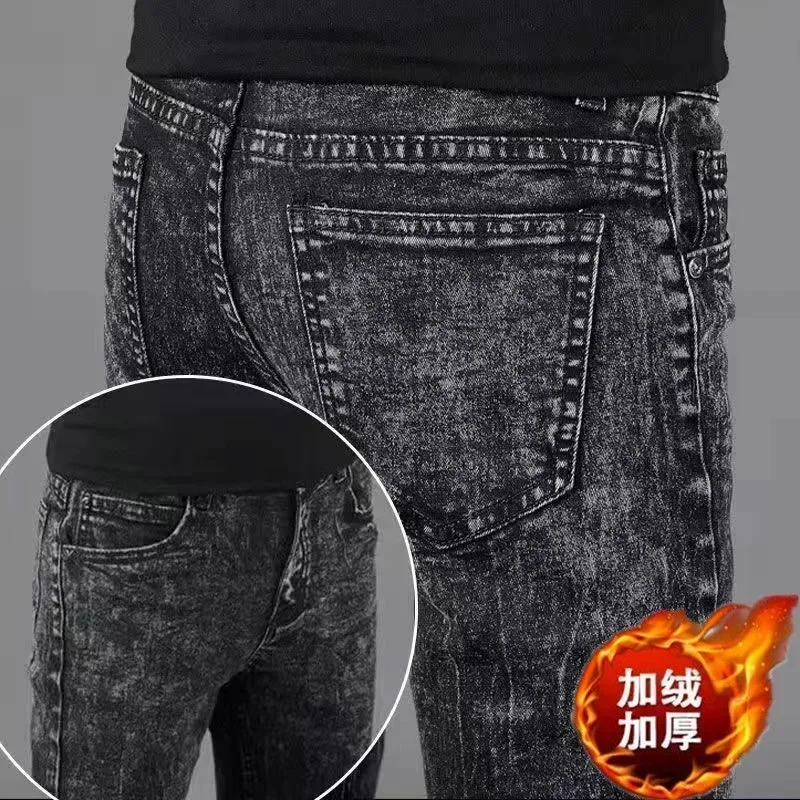 2024 Autumn and Winter New Classic Fashion Trend Plus Fleece Stretch Shorts Men's Casual Comfort Warm High Quality Jeans 27-38
