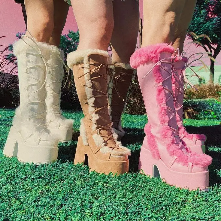 RIBETRINI Brand Designer Fur Gothic Chunky Block Heel Women Boots