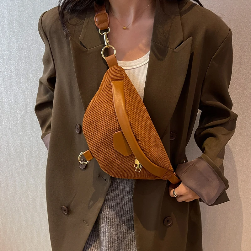 Women Casual Corduroy Crossbody Bag Fanny Waist Pack Simple Travel Phone Purse Large Canvas Waist Bag Banana Hip Belt