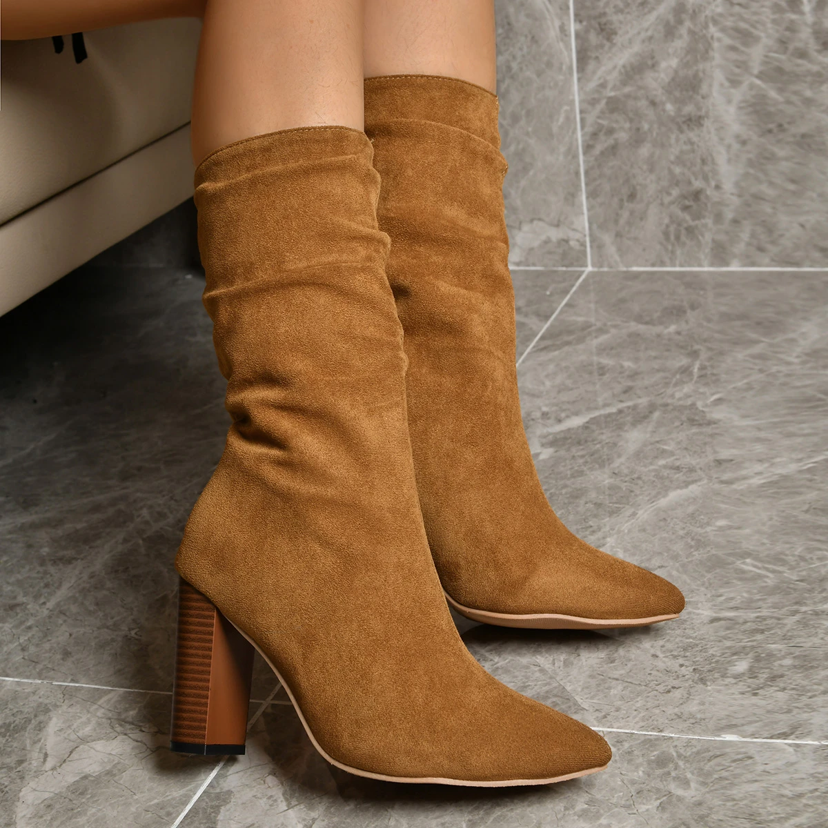 Winter Mid Calf Women Boots Fashion Fold Thick Heels Pointed Toe Western Boots Sexy Slip on Boots for Lady Shoes boots