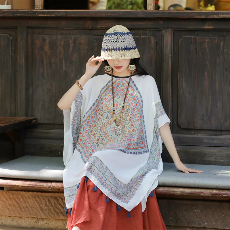 Summer Sun Protection Beach Shawl Print Flower Sunscreen Shade Scarf Tassel Floral Smock Retro Women Shawls Travel Vintage Gown