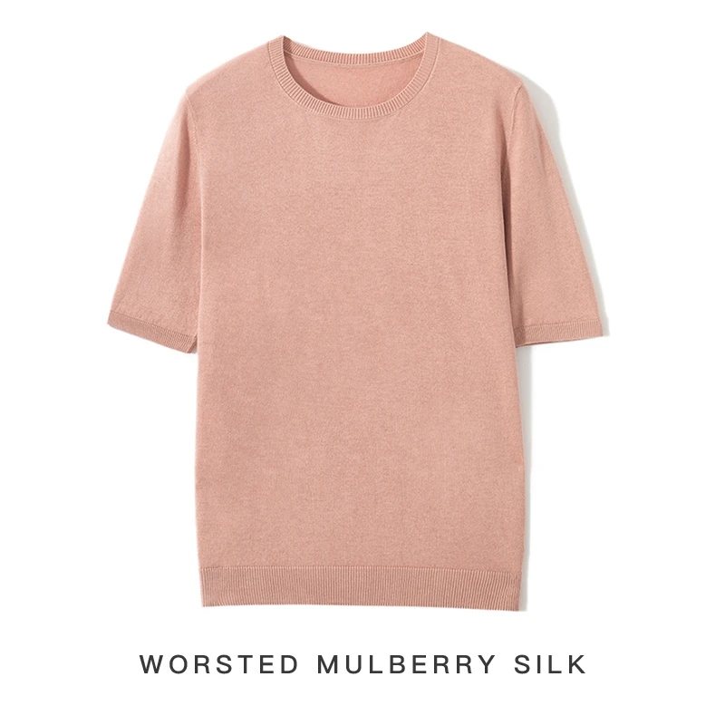 

85% Mulberry Silk and 15% Cashmere Short Sleeved Women's Summer Round Neck Pullover Vest Casual Knitted T-Shirt Thin Top